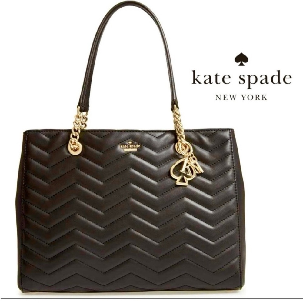 kate spade Black Quilted Chevron Tote with Gold Hardware